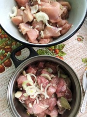 Chicken and pork with onion for barbecue