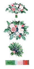 Sketch bouquet with roses, coniferous, cones, cotton buds, berries, balls, ribbon. Illustration isolated on white.
