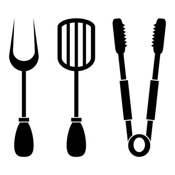 Set Of Black Barbecue Tools Icons On White Background.