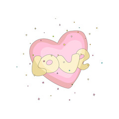 Pink simple heart icon with yellow text love. Fun cartoon romantic heart with decoration elements on background. Simple heart cartoon icon, symbol of love.