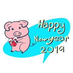 Happy New Year 2019.Pig holding gift box.Cute cartoon