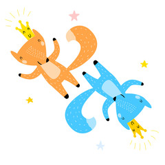 Hand Drawn Vector Illustration of Cute Funny Foxes