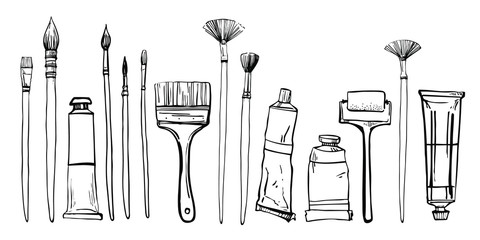 Artist painting materials. Hand drawn stylized sketch vector illustration. Brushes and pain tubes. Black outline grphic on white background