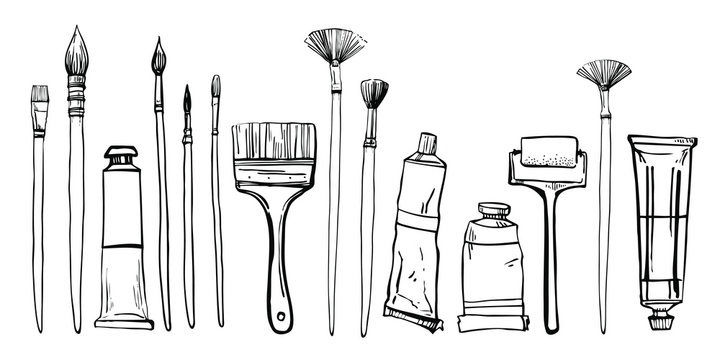 Artist painting materials. Hand drawn stylized sketch vector illustration. Brushes and pain tubes. Black outline grphic on white background