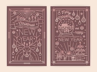 Christmas and New Year greeting card templates with traditional holiday decorations drawn with contour lines - deer, snowflakes, gifts, baubles, snow globe. Vector illustration in trendy linear style.