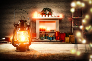 Christmas lamp on desk and home interior 