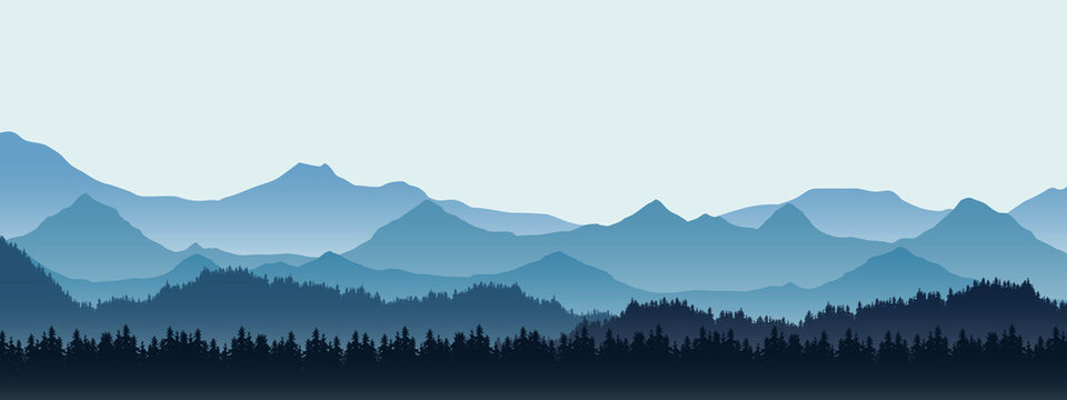 Realistic illustration of mountain landscape with hill and forest with coniferous trees, under blue winter sky with space for text, vector