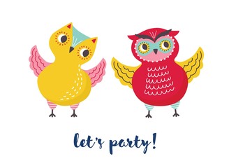 Pair of cute joyful owls and Let s Party lettering handwritten with cursive font. Happy forest birds isolated on white background. Childish vector illustration in flat style for T-shirt print.