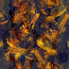 imprints dry leaves and inflorescences mix repeat seamless pattern. digital hand drawn picture with watercolour