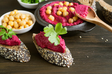 Proper diet. beetroot hummus with rye bread.
