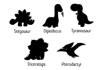 Set of vector baby dino silhouettes - tyrannosaurus, triceratops, pterodactylus, stegosaurus, diplodocus - for logo, poster, banner. For historic event, dinosaur party invitation. Isolated on white