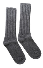 Men's grey wool socks on white.