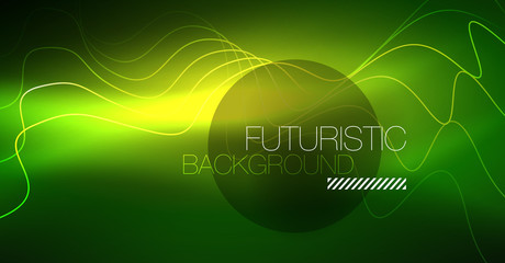 Abstract shiny glowinng color wave design element on dark background - science or technology concept