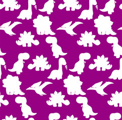 Vector seamless pattern of baby dino silhouettes - tyrannosaurus, triceratops, pterodactylus, stegosaurus, diplodocus - for poster, banner. For historic event, dinosaur party, nursery, textile print