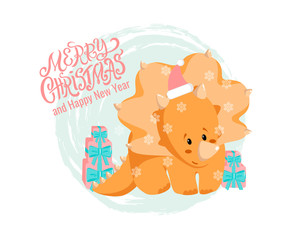 Vector Christmas and New Year greeting card with hand drawn lettering Merry Christmas, flat baby dino triceratops with gift boxes and textured background for holiday poster, dinosaur banner, printing