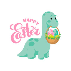 Vector Easter greeting card with hand drawn lettering Easter, flat baby dino brontosaurus with dinosaur eggs in backet for holiday poster, dinosaur banner, celebration printing, isolated on white