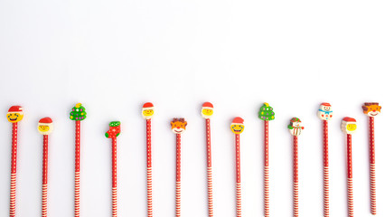 Christmas background wtih cute cartoon of santa claus, deer, snow man, tree and sock on white