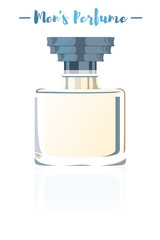 Blue vector illustration of a beauty utensil men's perfume bottle product full of flowers fragrances.