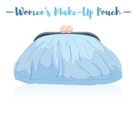 Blue vector illustration of a beauty utensil retro round pouch with clap clasp in metal.
