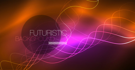 Abstract shiny glowinng color wave design element on dark background - science or technology concept