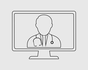 Fototapeta na wymiar Online Doctor line Icon. Doctor is on computer screen with gray background.