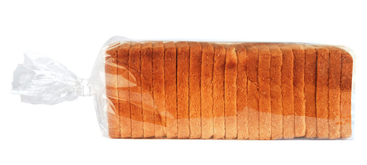 Sliced bread in plastic bag isolated on white background