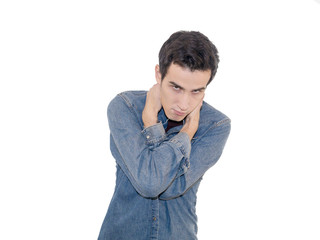 portrait of angry young man, isolated on white wall background. Negative human emotions facial...