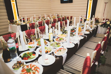 Interior of a restaurant prepared for wedding ceremony