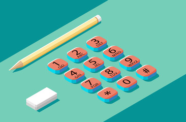 Isometric illustration of digital keypad, keyboard, call phone dialer, alarm security access, vector illustration