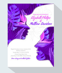 Wedding invitation card with abstract purple background of   tropical leaves and stylized face of women and men