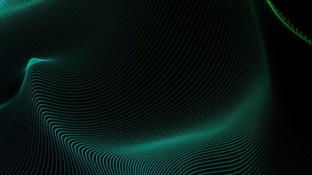 4K 60 fps. Abstract loopable green motion waving dots texture with glowing defocused particles. Cyber or technology digital landscape background. 3840x2160 uhd