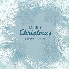 snowflakes and white spruce branches on blue background. Merry Christmas Greetings card