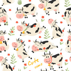 Seamless pattern with cute Cows character in various positions