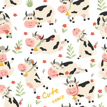 Seamless pattern with cute Cows character in various positions