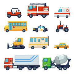 Contains such as Heavy industrial vehicle car, tractor, police ambulance school bus, Fire fighting car . Can be used for websites, infographics, mobile apps. . Flat cartoon Vector Illustration Graphic