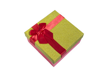 Gift box red-yellow with bow top view isolate