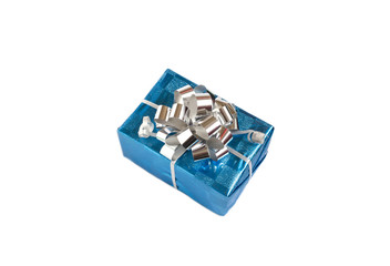 Gift box blue with bow top view isolate