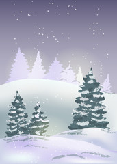 Winter night landscape with snow flakes, hills and fir trees. Holiday Christmas and New Year background. Vector illustration.