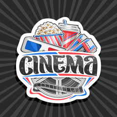 Vector logo for Cinema, decorative label with red and blue 3d glasses, cardboard cup with popcorn, cola and two admission cinema ticket, brush lettering for word cinema on black and white background.