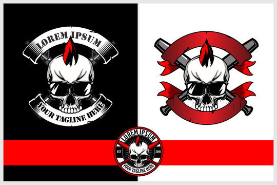punk skull wearing sunglasses with cross baseball bats and ribbon vector logo template collection