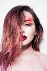 Fototapeta premium Hair loss and care. Sexy woman with fashion makeup. Sexy girl with fashion makeup. Makeup cosmetics and skincare. Beauty salon and hairdresser. Ambitious and beautiful. Following her personal style