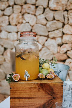 Juice in jar on wooden table
