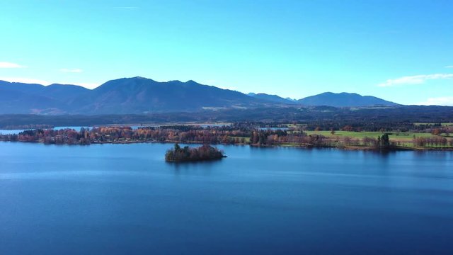 Aerial view, Flight over Staffelsee with islands, Bavaria, Germany