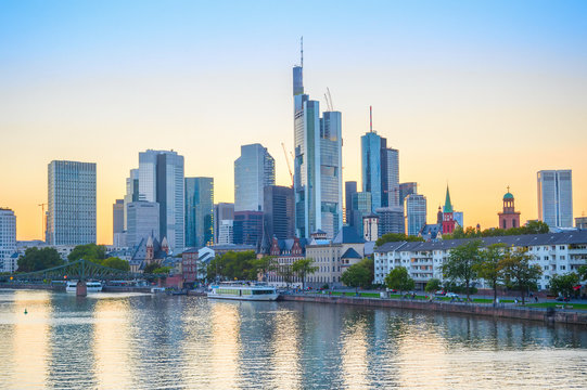 Evening skyline of Frankfurt city