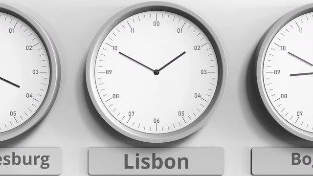 Round clock showing Lisbon, Portugal time within world time zones. 3D animation