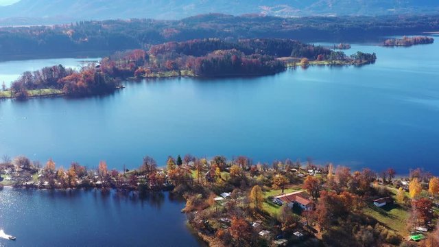 Aerial view, Flight over Staffelsee with islands, Bavaria, Germany