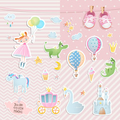 Set of elements for baby shower design with a princess and a unicorn. Paper, scrapbook.  