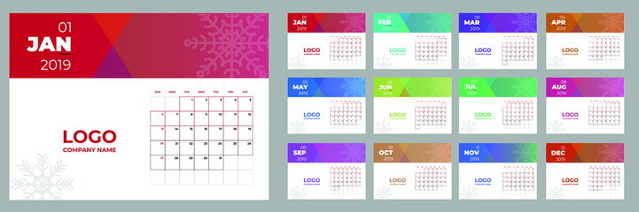Fototapeta na wymiar Vector of 2019 new year calendar in clean minimal table colorful simple style