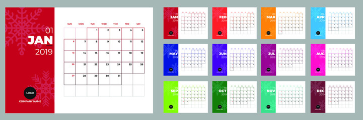 Vector of 2019 new year calendar in clean minimal table simple with christmas elements