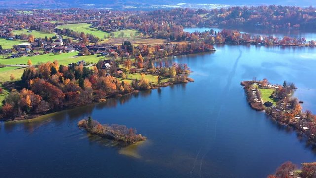 Aerial view, Flight over Staffelsee with islands, Bavaria, Germany